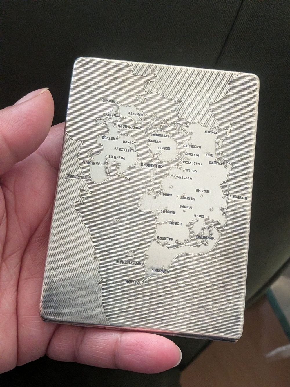 Vintage Danish KAUSAN Silver Cigarette Case - Map of Denmark Souvenir